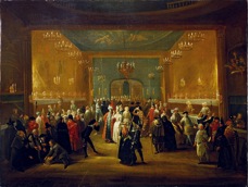Masquerade at the King’s Theatre in Haymarket.  Dated 1724, Wikimedia Commons. 