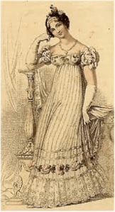 A fashion plate of a white wedding dress from the June 1816 issue of Ackerman’s Repository. 