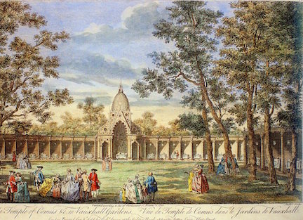J.S. Muller after Canaletto, A View of the Temple of Comus &c. in Vauxhall Gardens, an engraving hand-colored, 1751 (David Coke's collection). Families with small children are promenading in the foreground.