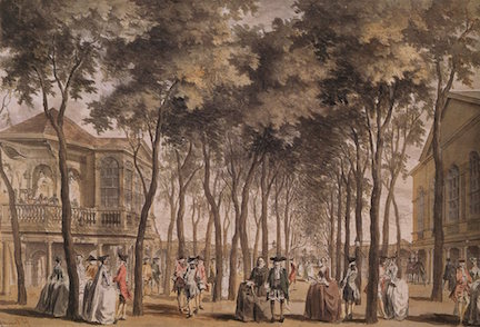 John Donowell, A View of the Orchestra with the Band of Music, the Grand Walk &c. in Marybone Gardens, watercolor, 1755.