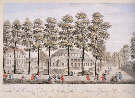 T. Bowles after J. Maurer. Raleigh House and Gardens with the Rotunda, engraving, 1745.