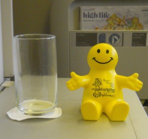 Squidgeworth enjoyed his orange juice on the plane.