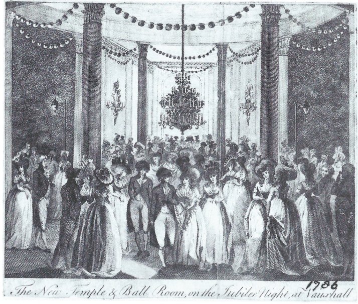 J. Wooding, The New Temple & Ball Room, on the Jubilee Night, at Vauxhall, engraving, c. 1786. The circular Grand Temple at the junction of the Grand South Walk and the Centre Cross Walk, with the temporary ballrooms added to its north and south. The artist was keen to show all the different forms of lighting in use.