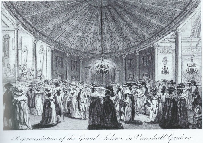 Anon., Representation of the Grand Saloon in Vauxhall Gardens, engraving, after 1786. An unusual view of the renovated Rotunda interior, taken from the entrance off the Grand Walk. The Rotunda Orchestra is on the left, and one of Hayman's paintings from his Seven-Years War series is visible in the Pillared Saloon on the right.