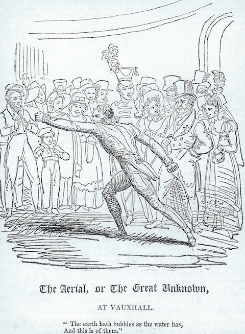 Anon., The Aerial, or The Great Unknown, at Vauxhall, engraving, 1825 (Minet Library, London, Lambeth Archives Department, V. of. 153). 'The Aerial' was an eccentric called Joseph Leeming who believed he was a person of unrivaled beauty. His appearances at Vauxhall during the 1825 season were widely reported in the press and provided good free publicity for the gardens.
