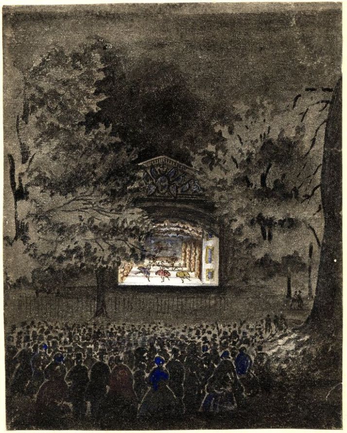 Anon., The Ballet Theatre, brush drawing in grey wash, touched with colored chalks, 1840-45 (British Museum, London, 1966.0212.1). The stage is surrounded by large trees and there is no seating provided.