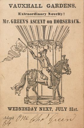 Handbill advertising Green's ascent on horseback, 31 July 1850 (Museum of London, A8955). This appears to be a complimentary ticket issued by Green himself. The flight did take place, with the horse firmly locked in place by the hooves.