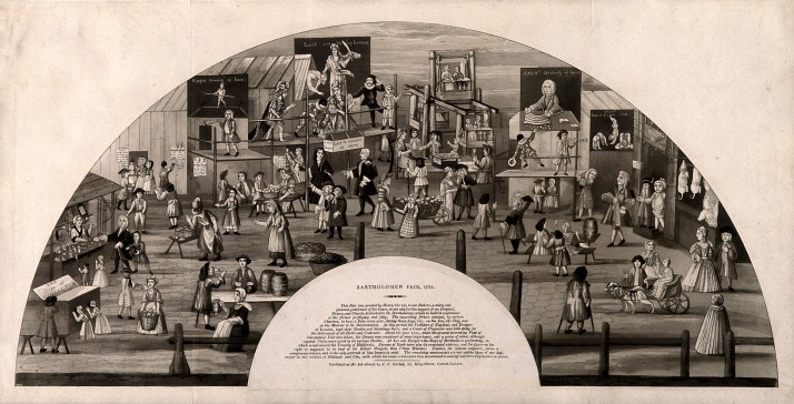 V0014666 Bartholomew Fair, site of St. Bartholomew's Hospital, London Credit: Wellcome Library, London. Wellcome Images images@wellcome.ac.uk http://wellcomeimages.org Bartholomew Fair, site of St. Bartholomew's Hospital, London, pictured in 1721. Aquatint with etching, c. 1800. Published: - Copyrighted work available under Creative Commons Attribution only licence CC BY 4.0 http://creativecommons.org/licenses/by/4.0/